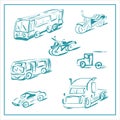 Types of transport in the style of minimalism. Truck, motorcycle, bus, car.